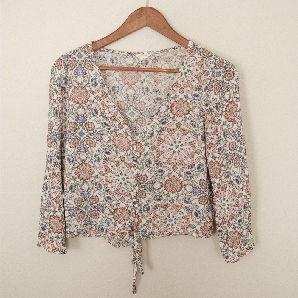 Aeropostale Boho Floral Tie Shirt with 3/4 sleeves